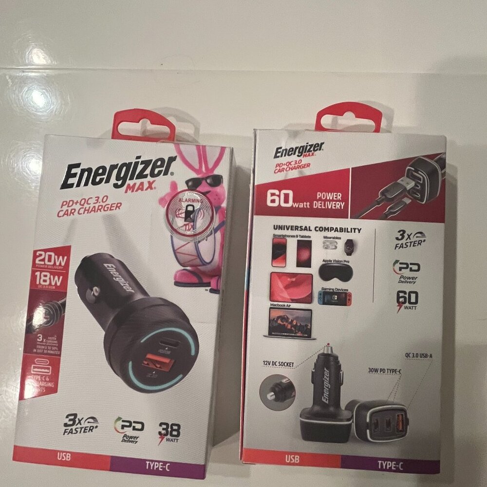 Energizer Max Dual Car Charger PD + QC 3.0 60W USB-A and‎ Type-C (m/x) (NEW)